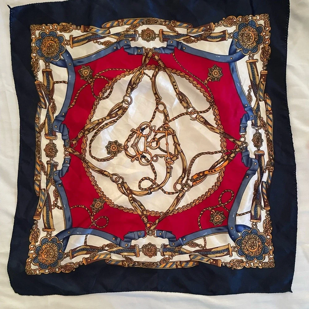 18” Satin Scarf Square Equestrian Heritage Navy Blue, Cream, Red